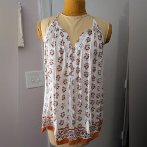 Cream and Orange Flowy Tank with Tie Tassles